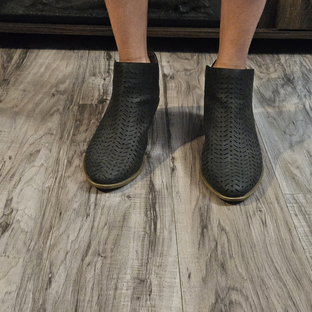 Black Slip-On Ankle Booties with Perforated Texture